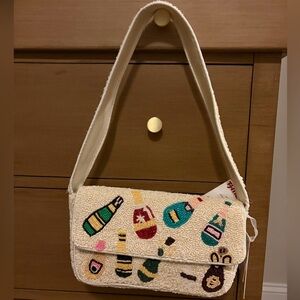 NWT Viral Beaded Champagne Bottles Shoulder Bag White Multicolor NYE Baguette